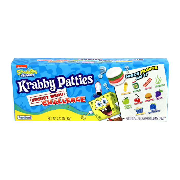 Front of SpongeBob Krabby Patties Secret Menu Challenge Theatre Box showing blue packaging, bright SpongeBob graphics, and various gummy candy shapes (90g pack)