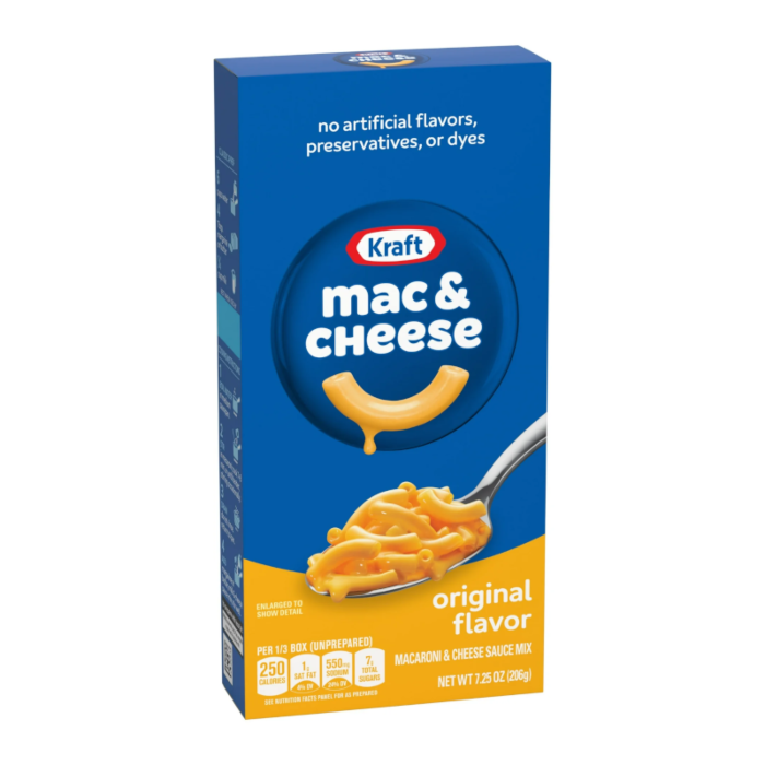 Front of Kraft Macaroni Cheese Original box showing blue logo, creamy cheese flavour label, and image of cheesy pasta (206g pack)