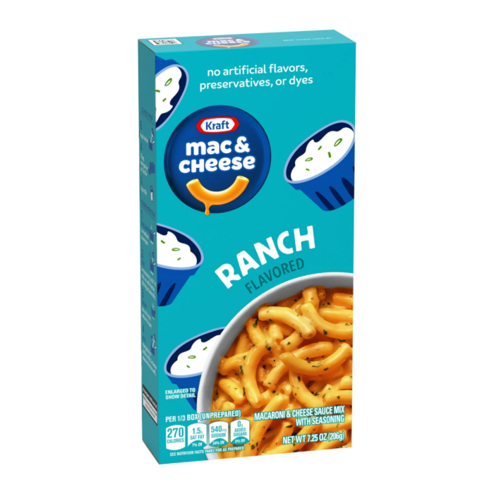 Front of Kraft Ranch Mac & Cheese box showing bold blue logo, ranch flavour label, and image of cheesy pasta in a bowl (206g pack)