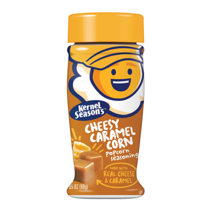 Front of Kernel Season's Roasted Cheesy Caramel Popcorn Seasoning bottle showing the logo, popcorn seasoning details, and 80g size.