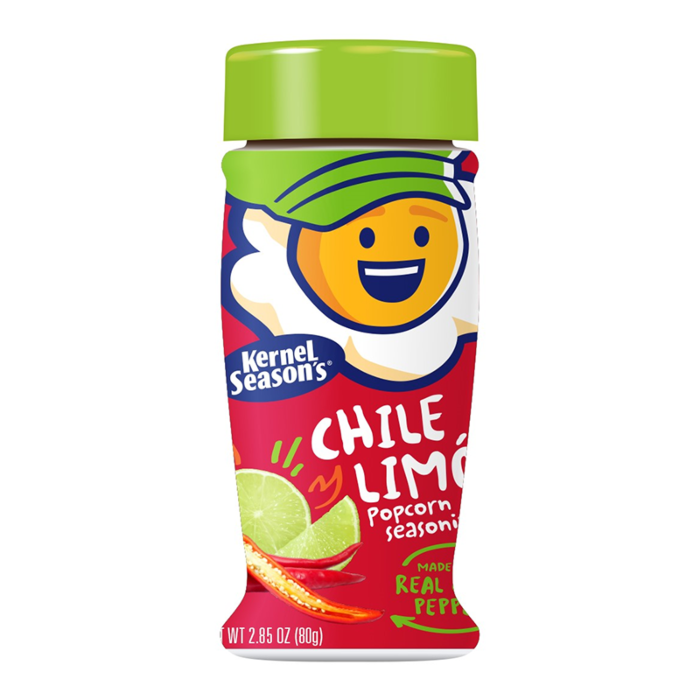 Front of Kernel Season's Roasted Chile Lime Popcorn Seasoning shaker showing zesty flavour and logo, 80g pack with lime and pepper graphic