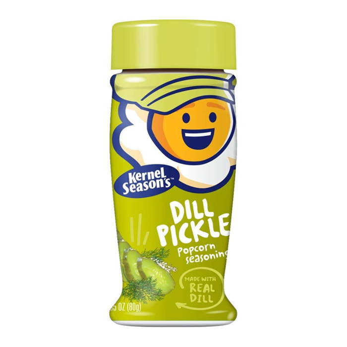 Front of Kernel Season's Roasted Dill Pickle Popcorn Seasoning bottle showing brand logo, dill pickle flavour label, and 80g pack size.