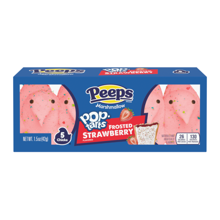 Front of a Peeps Frosted Strawberry Poptart Chicks box featuring pink marshmallow chicks, strawberry flavour label, and pack size (42g)