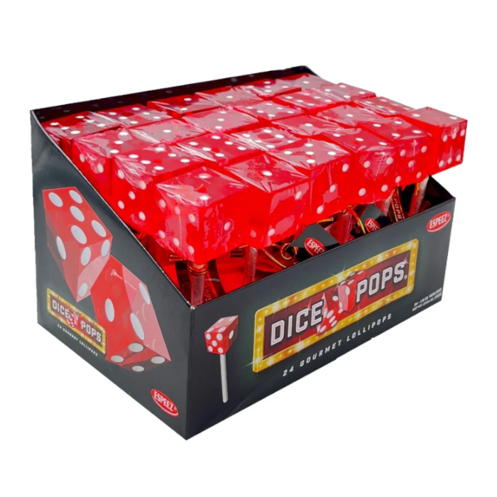 Front of Espeez Dice Pops Red box showing bright red pops with white dots and a colourful "Dice Pops" logo (33g)