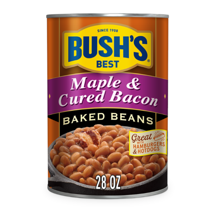 Front of Bush's Best Maple & Cured Bacon Baked Beans can featuring the brand logo, product name, and imagery of baked beans (794g)