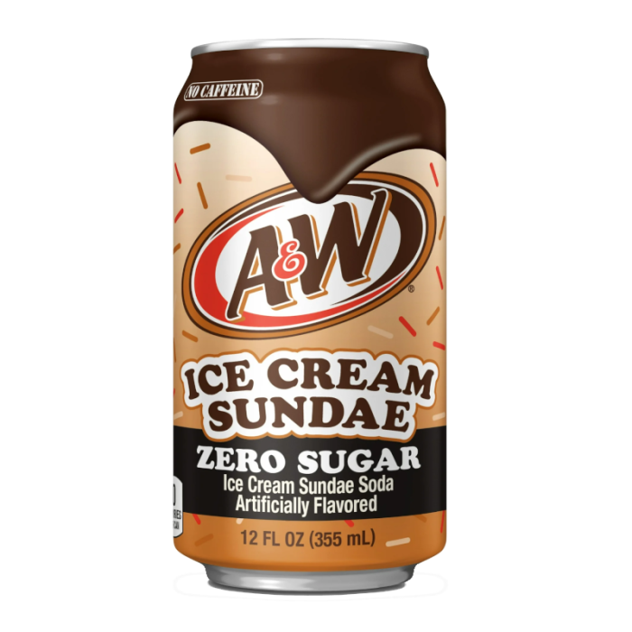 Front of A&W Ice Cream Sundae Soda Zero Sugar can with logo and fun sundae-themed design (355ml)