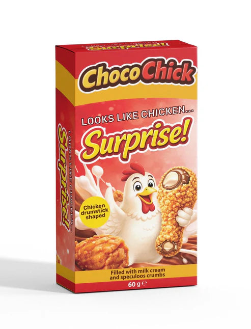 Front of Choco Chick Chocolate Chicken Drumstick box featuring the logo, playful chicken design, and images of the drumstick shape (60g pack)