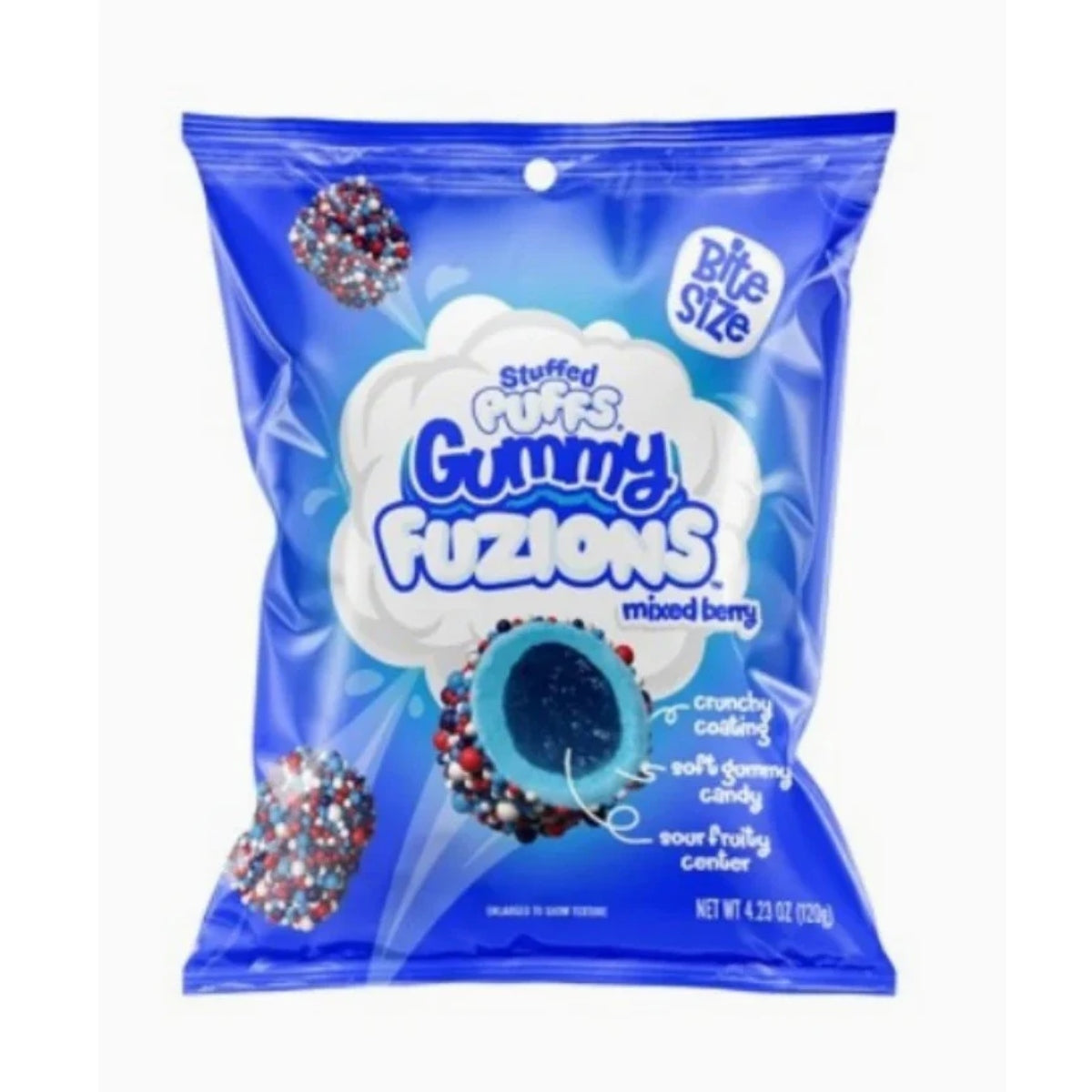 Front of Stuffed Puffs Mixed Berry bag showing logo, mixed berry flavour, and pack size (123g)