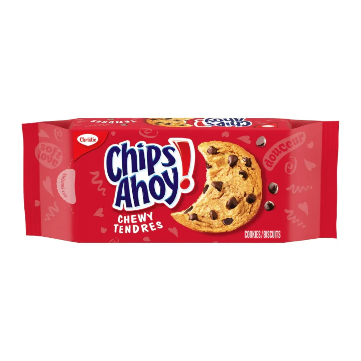 Front of Chips Ahoy! Chewy Chocolate Chip Cookies pack showing logo and image of a cookie with chocolate chips (271g)