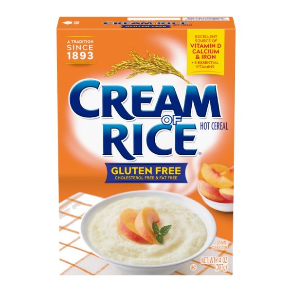 Front of Cream of Rice Hot Cereal box showing bold blue logo, gluten-free label, and an image of creamy cereal with peaches (397g pack)