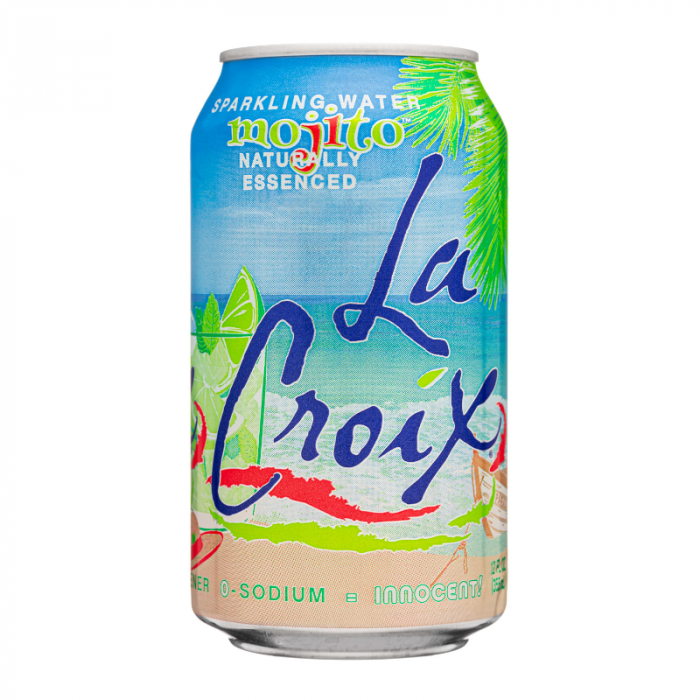 Front of La Croix Mojito Sparkling Water can featuring mojito flavour, vibrant design, and 355ml volume.