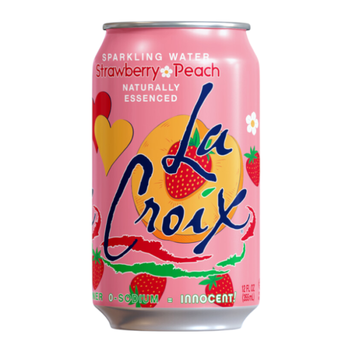 Front of La Croix Strawberry Peach can featuring logo, vibrant colours, and description of sparkling water (355ml)