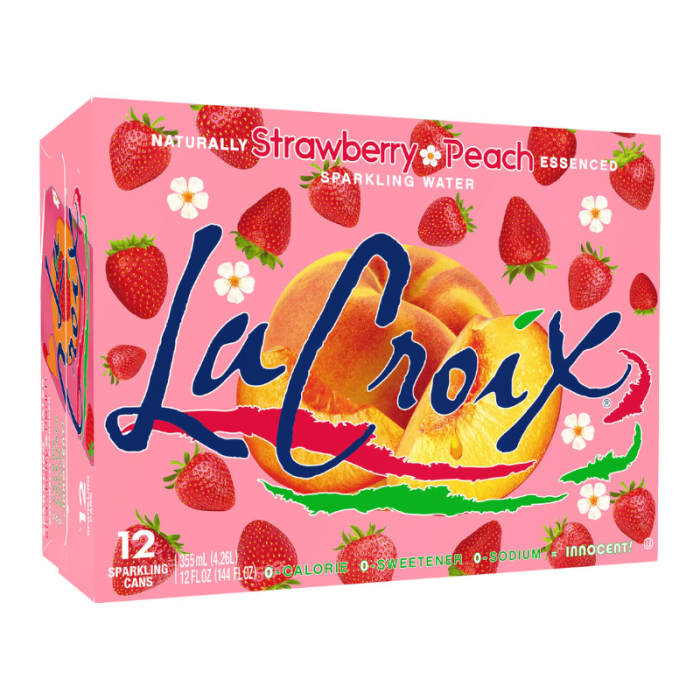 Front of La Croix Strawberry Peach case showing vibrant label with strawberries and peaches, featuring 12 sparkling cans of 355ml each.