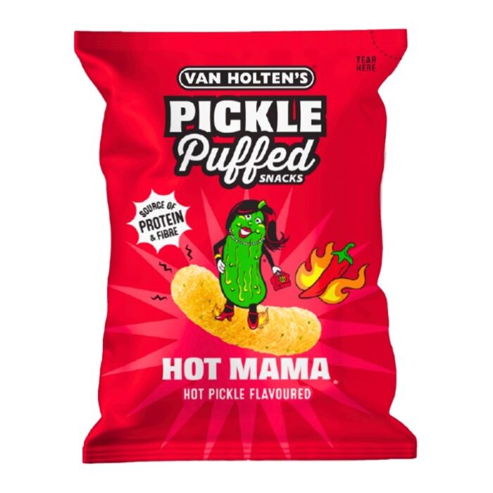 Front of Van Holten's Pickle Puffed Snacks Hot Mama bag showing bold logo, character graphics, and hot pickle flavour (90g pack)