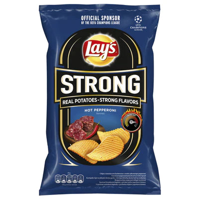 Front of Lay's Strong Hot Pepperoni bag with logo, showing hot pepperoni flavour and crisps (130g pack)
