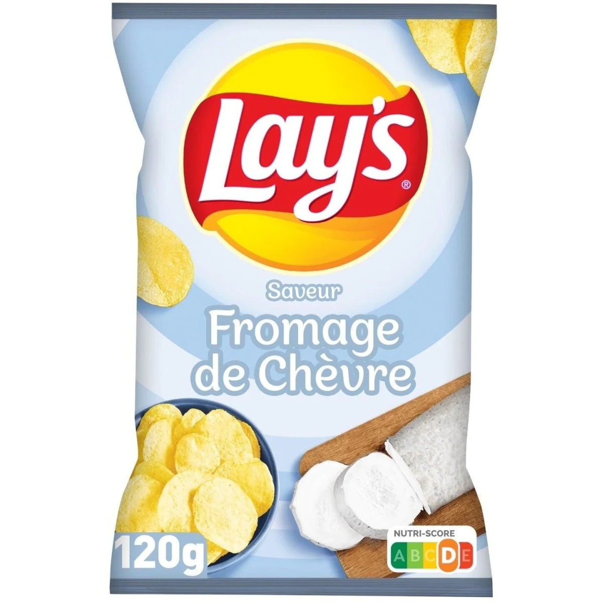 Front of Lay's Goats Cheese pack showing creamy goats cheese flavour with logo and potato crisps imagery (130g pack)