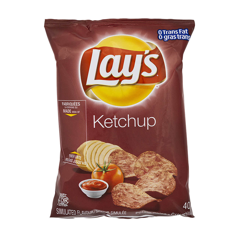 Front of a Lay's Ketchup bag displaying the logo, ketchup flavour, and image of crisps (40g pack)