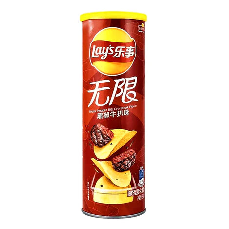 Front of Lay's Stax can showing the logo, Black Pepper Rib Eye Steak flavour, and 90g pack size.