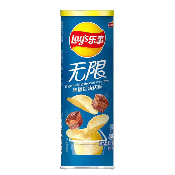 Front of Lay's Stax Braised Pork tube showing brand logo, braised pork flavour label, and image of potato crisps (90g pack)