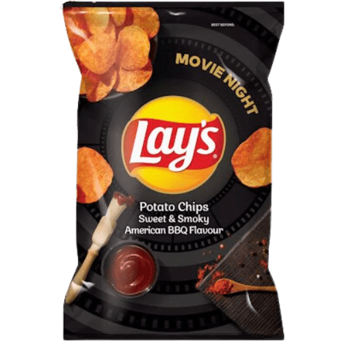 Front of Lay's Sweet & Smoky American Barbecue potato chips bag showing the yellow logo, BBQ flavour label, and an image of chips and sauce (105g pack)
