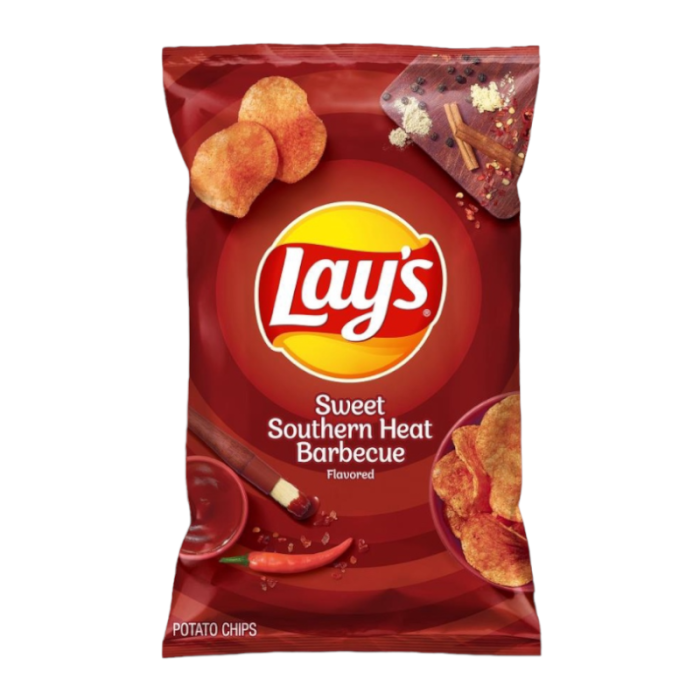 Front of Lay's Sweet Southern Heat Barbecue Potato Chips bag featuring the logo, flavour title, and a pack size of 184.2g.