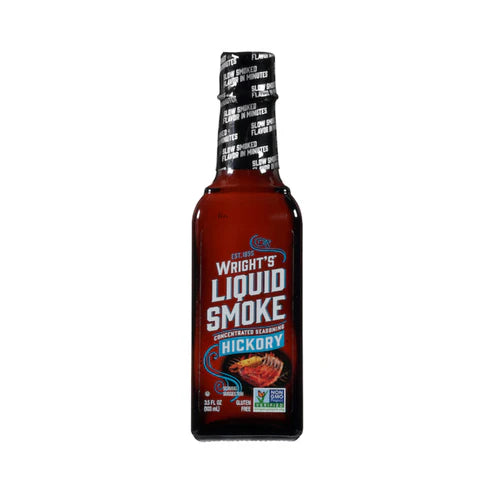 Front of Wright’s Liquid Smoke Hickory bottle featuring bold logo, hickory flavour label, and details (103ml pack)