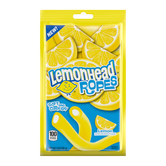 Front of Lemonheads Ropes bag featuring bright yellow packaging, logo, and lemon imagery, with a total pack size of 141g.