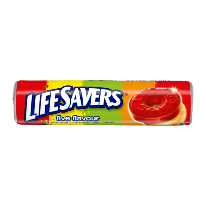 Front of Life Savers 5 Flavours Roll showing bright logo with cherry, pineapple, orange, lime, and lemon colour cues (32g pack)