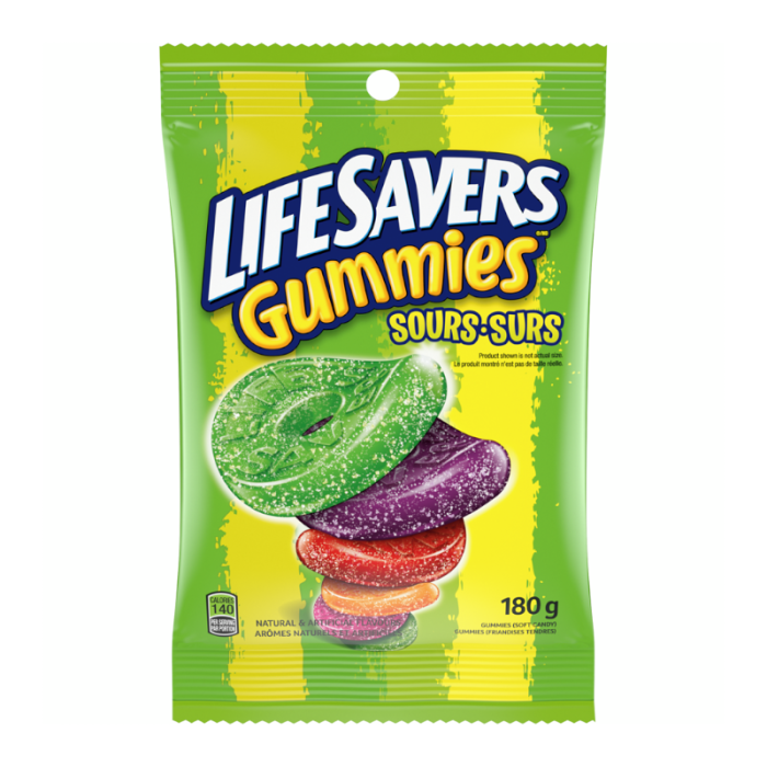 Front of Life Savers Gummies Sour bag featuring logo, colourful chewy gummies, and 180g pack size.