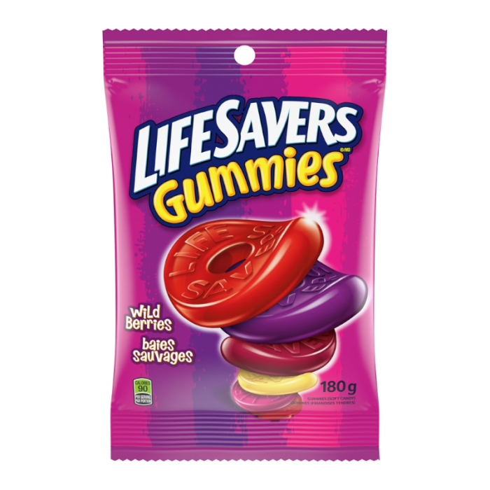 Front of Life Savers Gummies Wild Berry bag showing the logo, colourful gummy circles, and the 180g pack size.