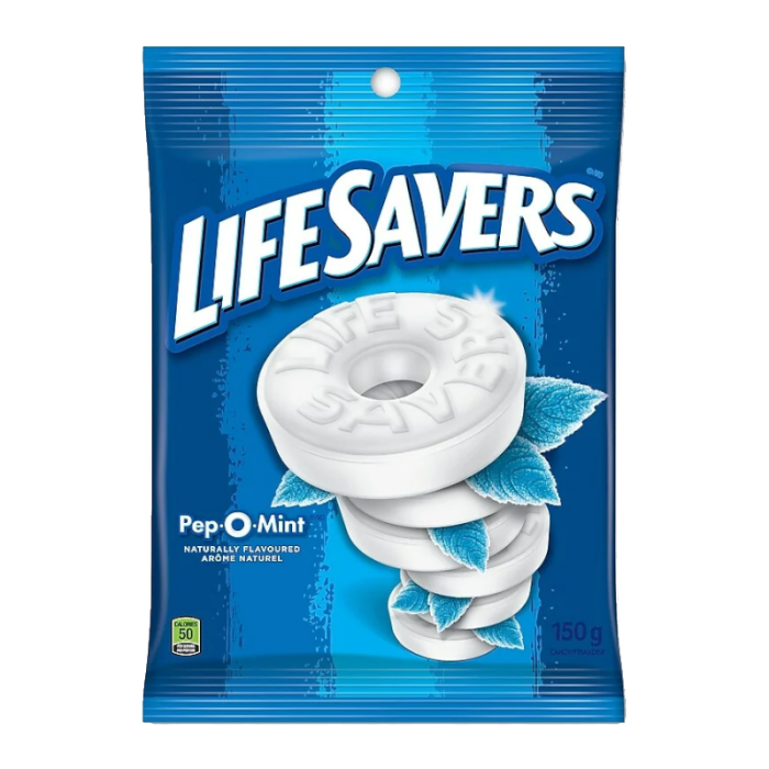 Front of Life Savers Pep-O-Mint bag showing the blue logo, peppermint flavour label, and white mint candies (150g pack)