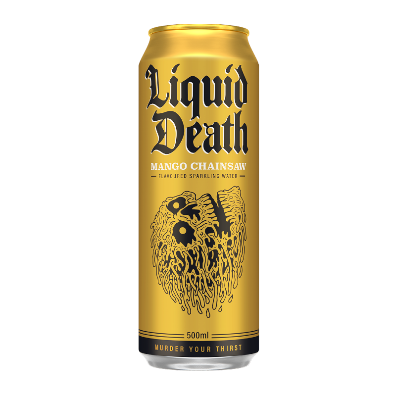 Front of Liquid Death Mango Chainsaw Sparkling Water can featuring bold black logo, vibrant mango flavour design, and 500ml size label.