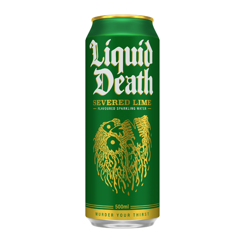 Front of Liquid Death Severed Lime Sparkling Water can showing bold green background, logo, lime flavour text, and 500ml pack size