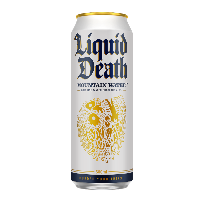 Front of Liquid Death Still Mountain Water can showing the brand logo, mountain water label, and 500ml size details.
