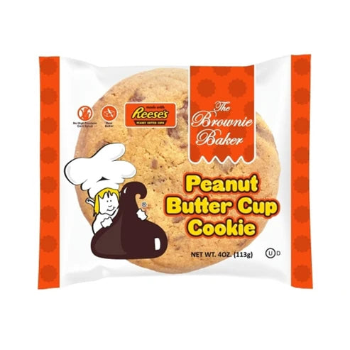 Front of The Brownie Baker Reese's Peanut Butter Cup Cookie packaging featuring the brand logo, cookie image, and 113g size.