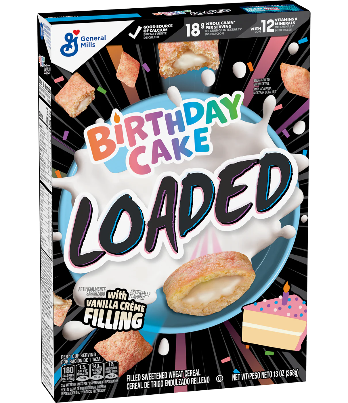 Front of General Mills Birthday Cake Loaded Cereal box showing bright logo, cake design and vanilla crème filling (358g pack)