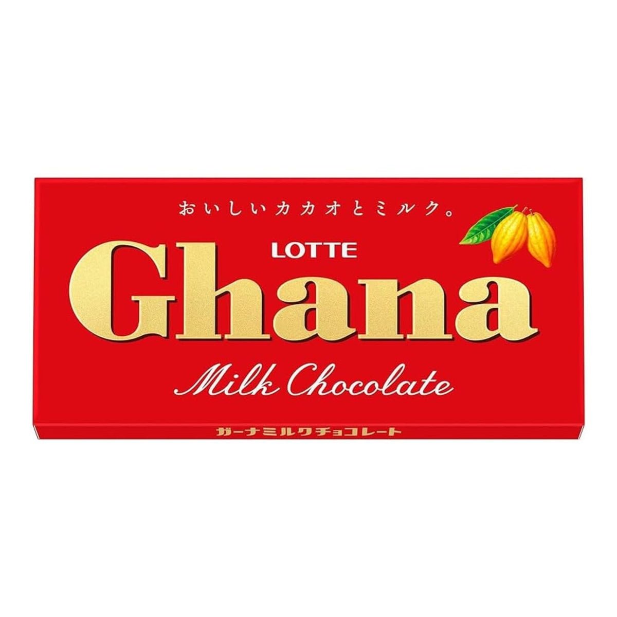 Front of Lotte Ghana Milk Chocolate bar showing the brand name, rich chocolate design, and pack size (50g)