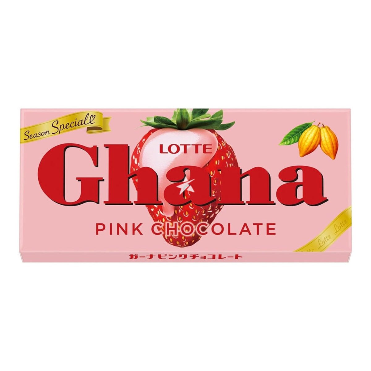 Front of Lotte Ghana Pink Chocolate box showing vibrant pink packaging with strawberry illustration and logo (45g pack)