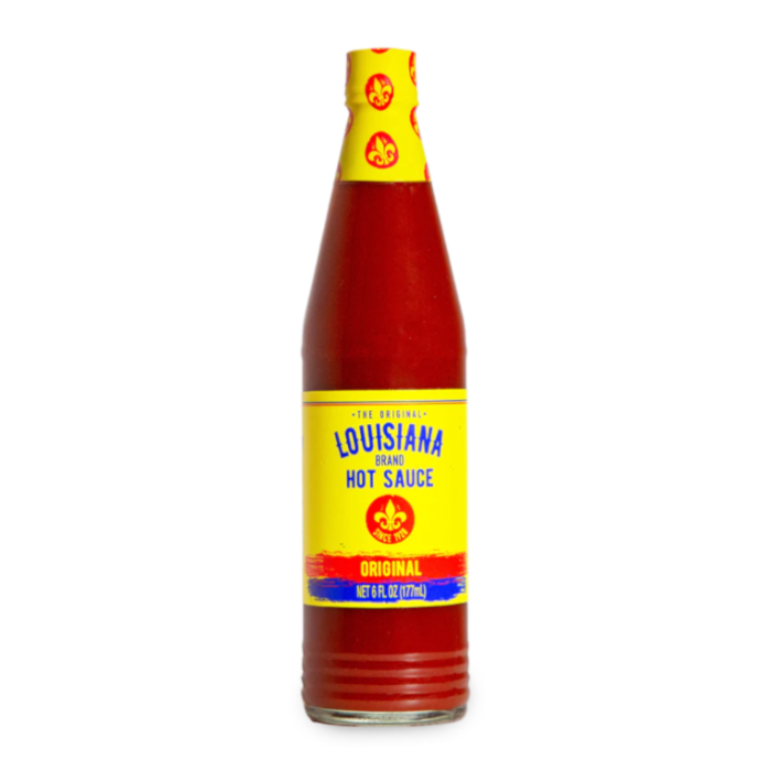 Front of Louisiana Brand Hot Sauce bottle showcasing the bold yellow label, original flavour, and pack size of 177ml