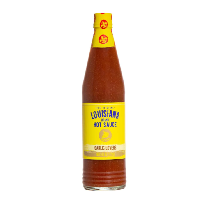 Front of Louisiana Brand Garlic Lovers Hot Sauce bottle showing bold yellow label, garlic lovers title, and 177ml pack size.