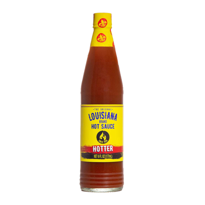 Front of Louisiana Brand Hotter Hot Sauce bottle showing yellow and blue label, with 'Hotter' text and 177ml volume prominently displayed.