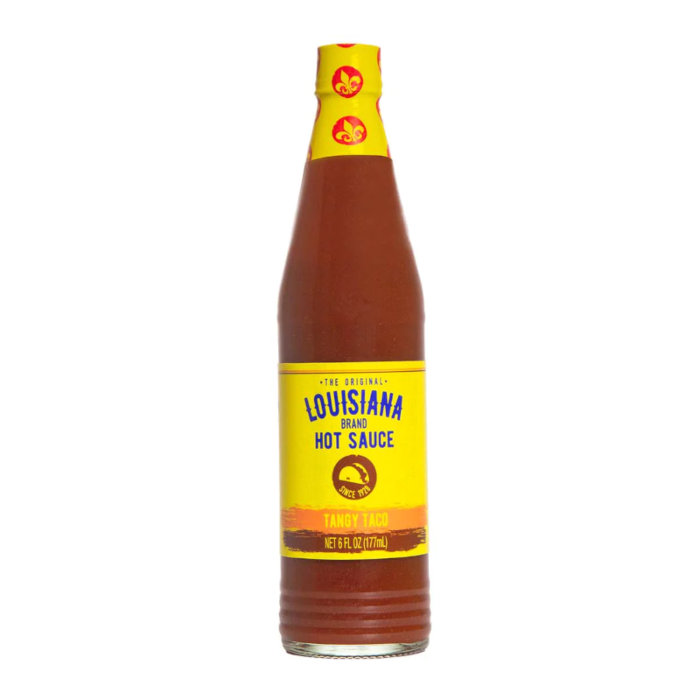 Front of Louisiana Brand Tangy Taco Hot Sauce bottle featuring bold logo, tangy taco flavour, and 177ml pack size.