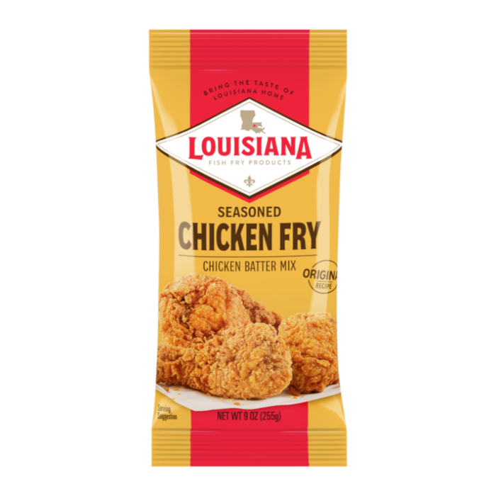 Front of Louisiana Crispy Chicken Fry Batter Mix package featuring logo, seasoned chicken fry label, and crispy chicken image (283g pack)