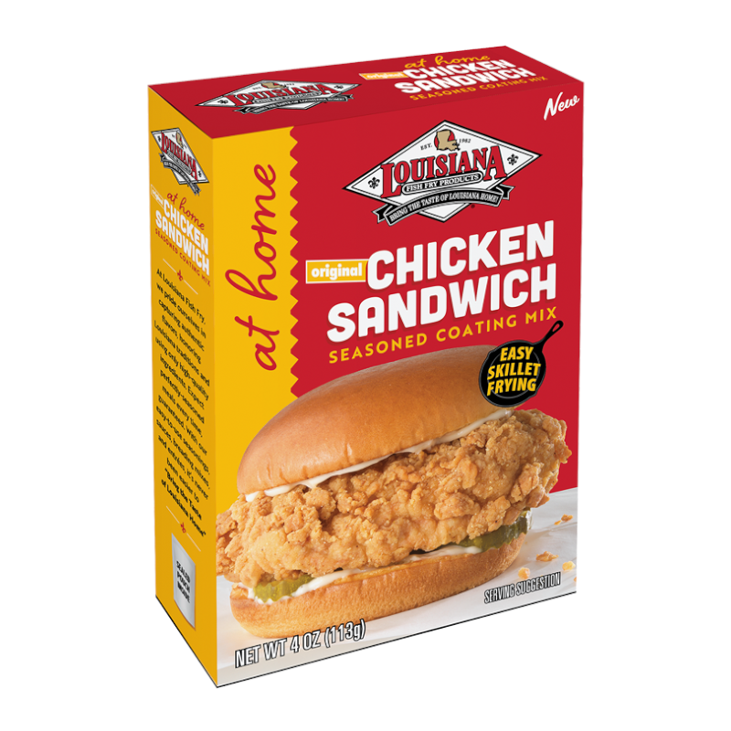 Front of Louisiana Chicken Sandwich Seasoning Mix box showing the logo, chicken sandwich image, and details; (113g pack)