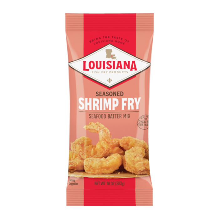 Front of Louisiana Crispy Shrimp Fry Batter Mix pack showing the logo, seasoned shrimp fry label, and appetising shrimp image (283g pack)