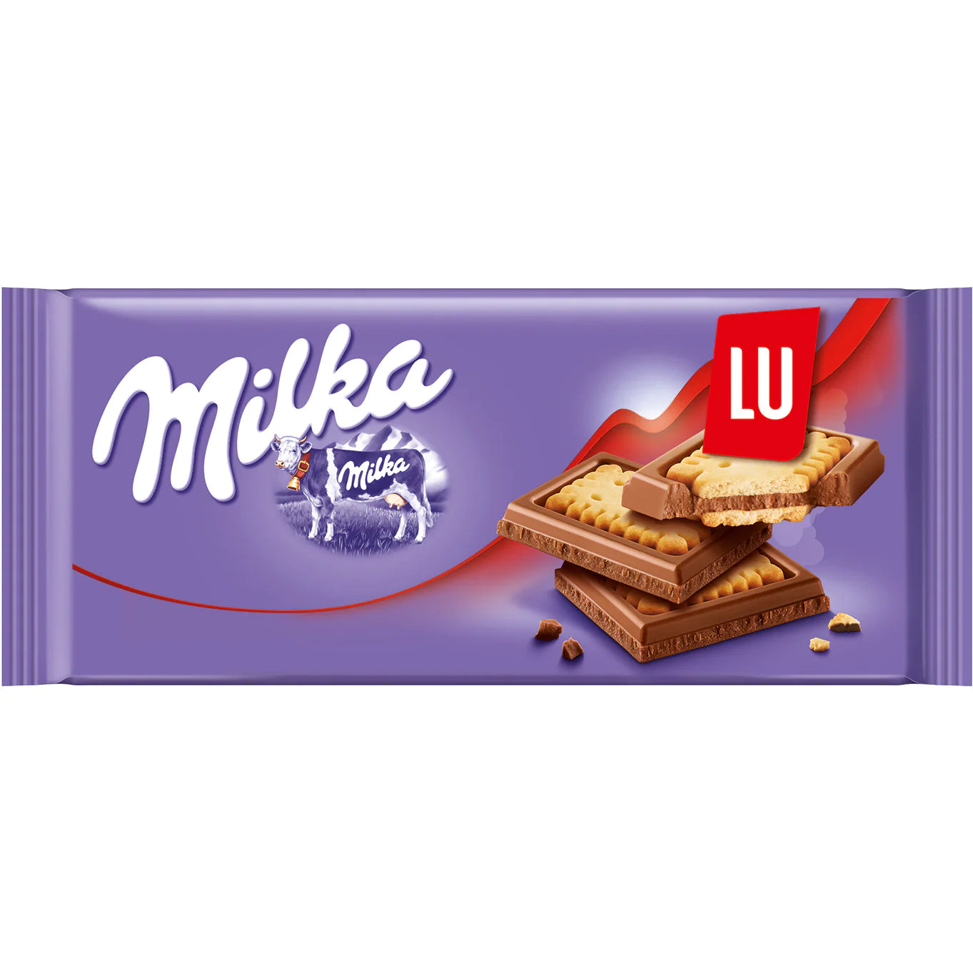 Front of Milka Lu chocolate-covered biscuits pack showing the Milka logo, creamy centre, and biscuit details (87g)