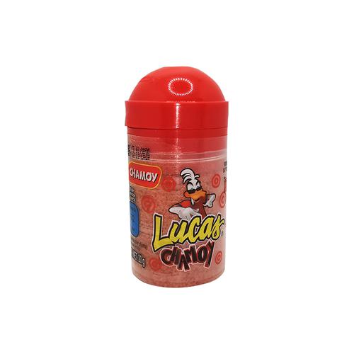 Front of Lucas Polvas Chamoy container showing the vibrant label and a cartoon character, with the product name and 20g size clearly visible.