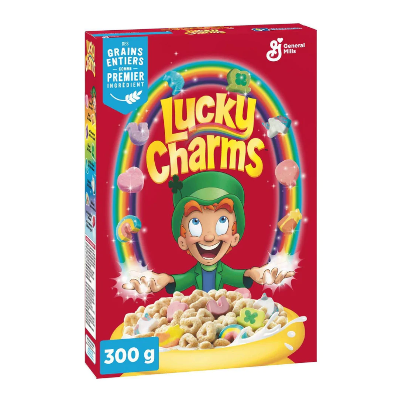 Front of Lucky Charms Cereal box showing the iconic logo, a leprechaun character, and colourful marshmallows (300g pack)