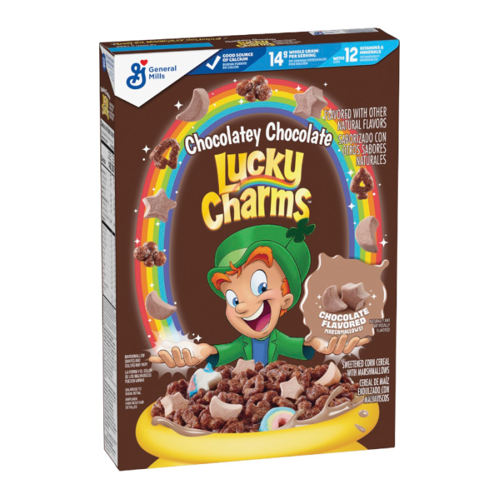 Front of Lucky Charms Chocolatey Chocolate Cereal box featuring the logo, chocolate flavour cereal with marshmallows, and a 300g pack size.