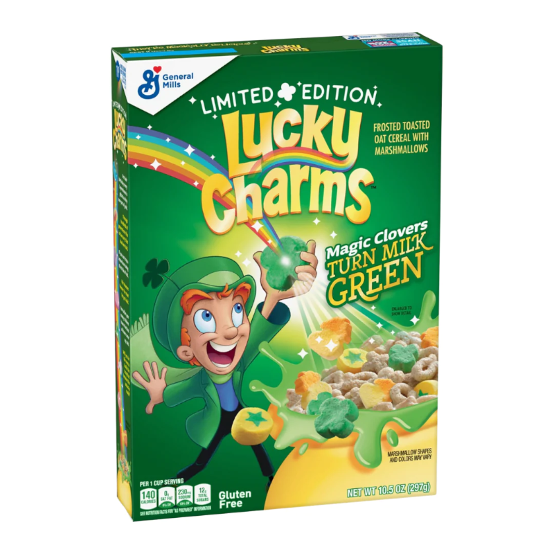 Front of Lucky Charms Limited Edition Green Magic Clovers box featuring the green cereal with marshmallows and a leprechaun, 297g pack